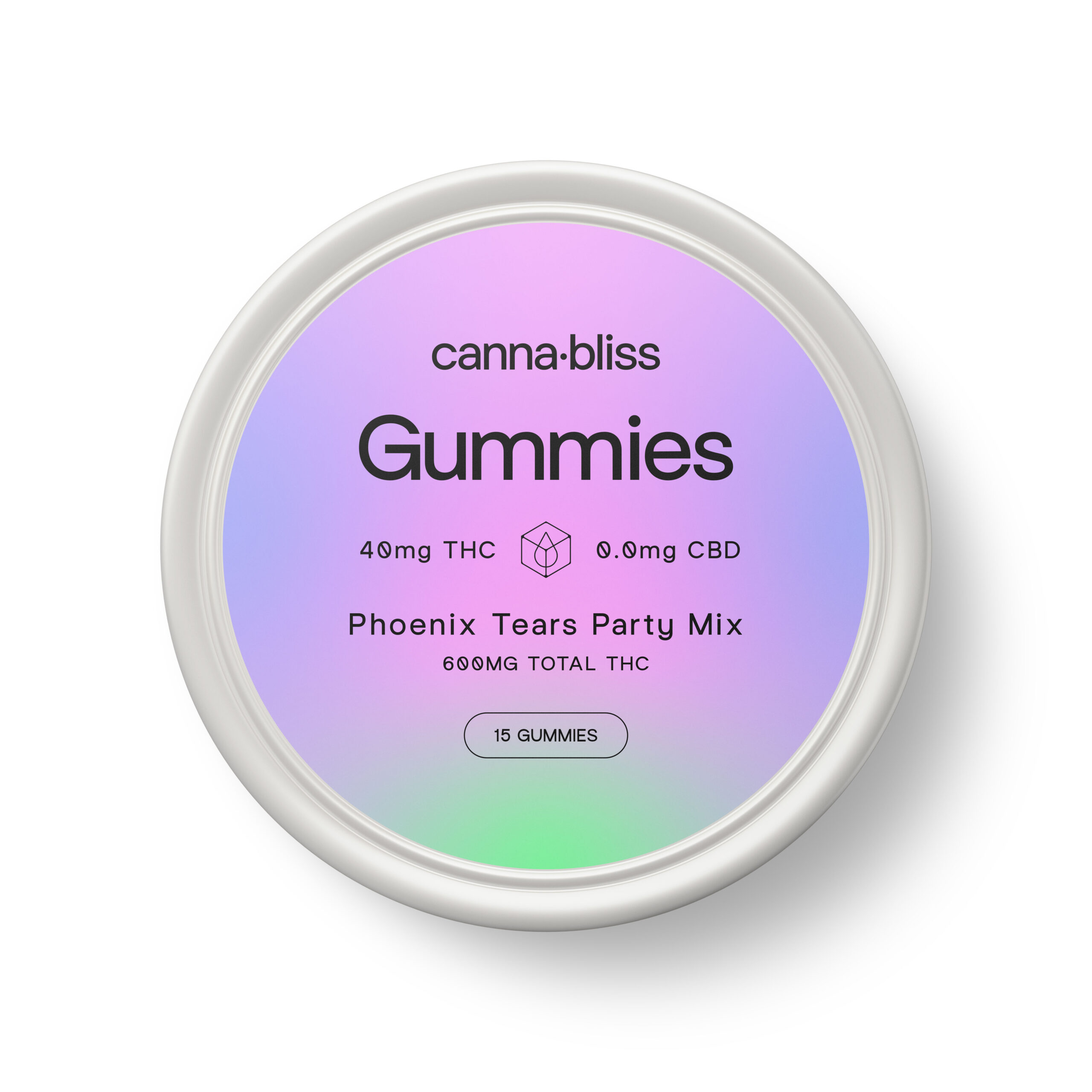 CannaBliss Gummies Party Mix Phoenix Tears scaled Canna Bliss Phoenix Tears Party Mix gummies in a sealed round tin labelled 40mg THC per gummy and 600mg total THC