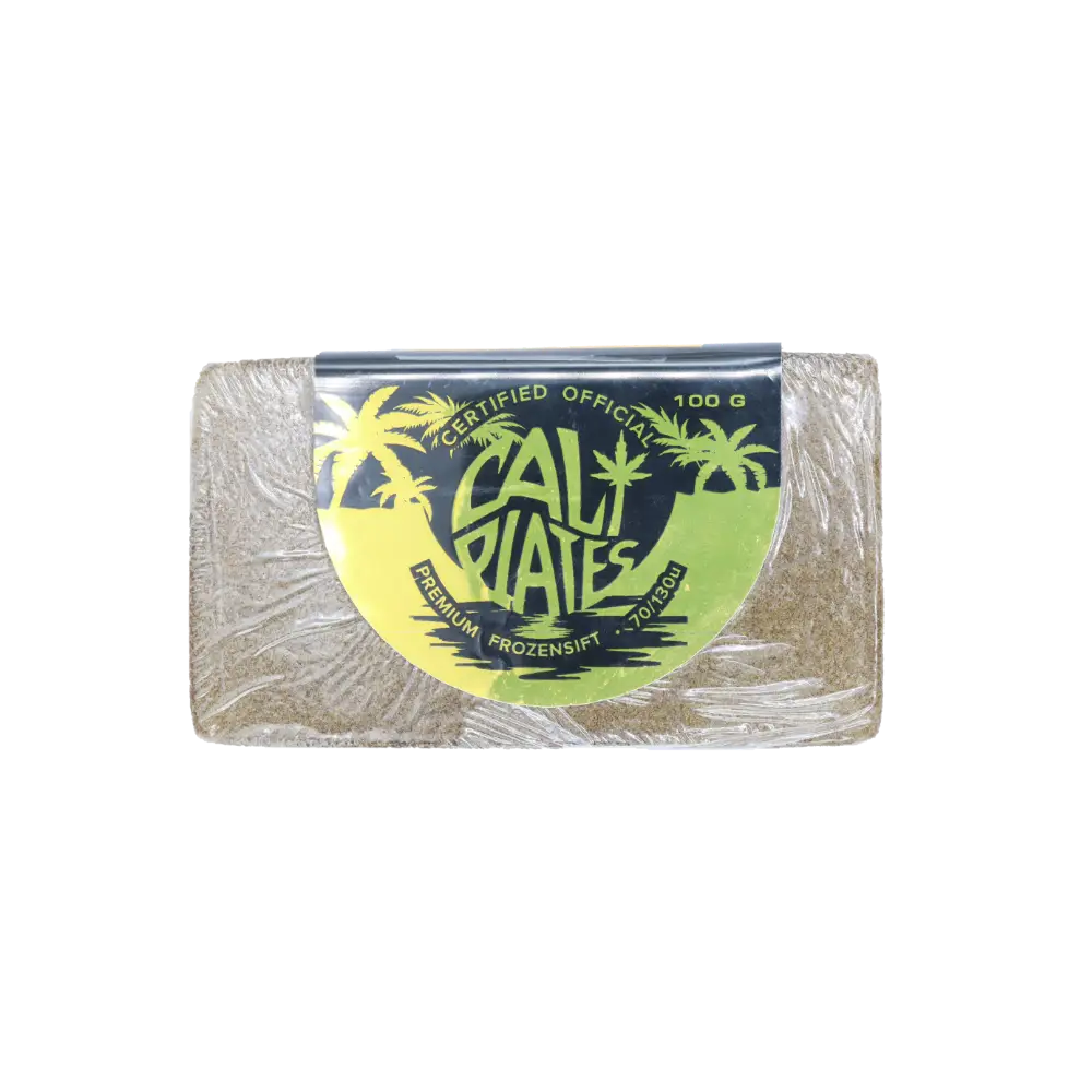 Cali Plates Hash Pressed hash plate labelled premium frozen sift at 70 to 130 micron